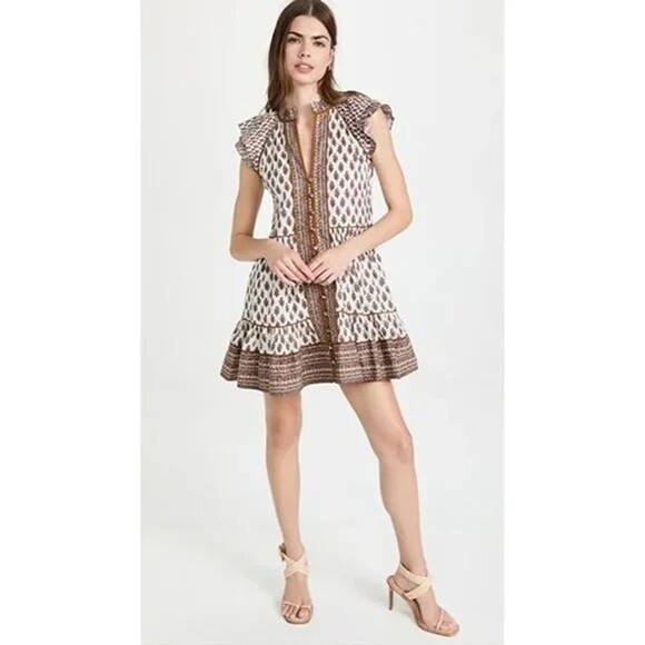 Veronica Beard Amoura Size 6 Boho Cotton Floral Ruffle Short Sleeve Mini Dress